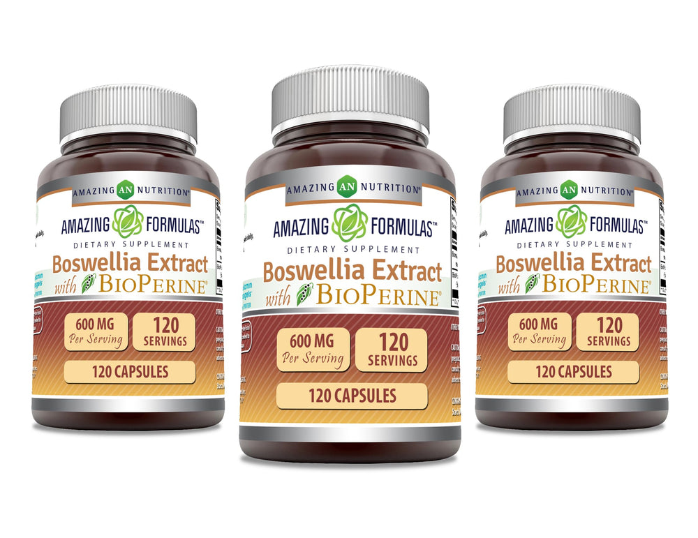 Amazing Nutrition Boswellia extract bottle with Bioperine, 600 mg per capsule for daily wellness routine.