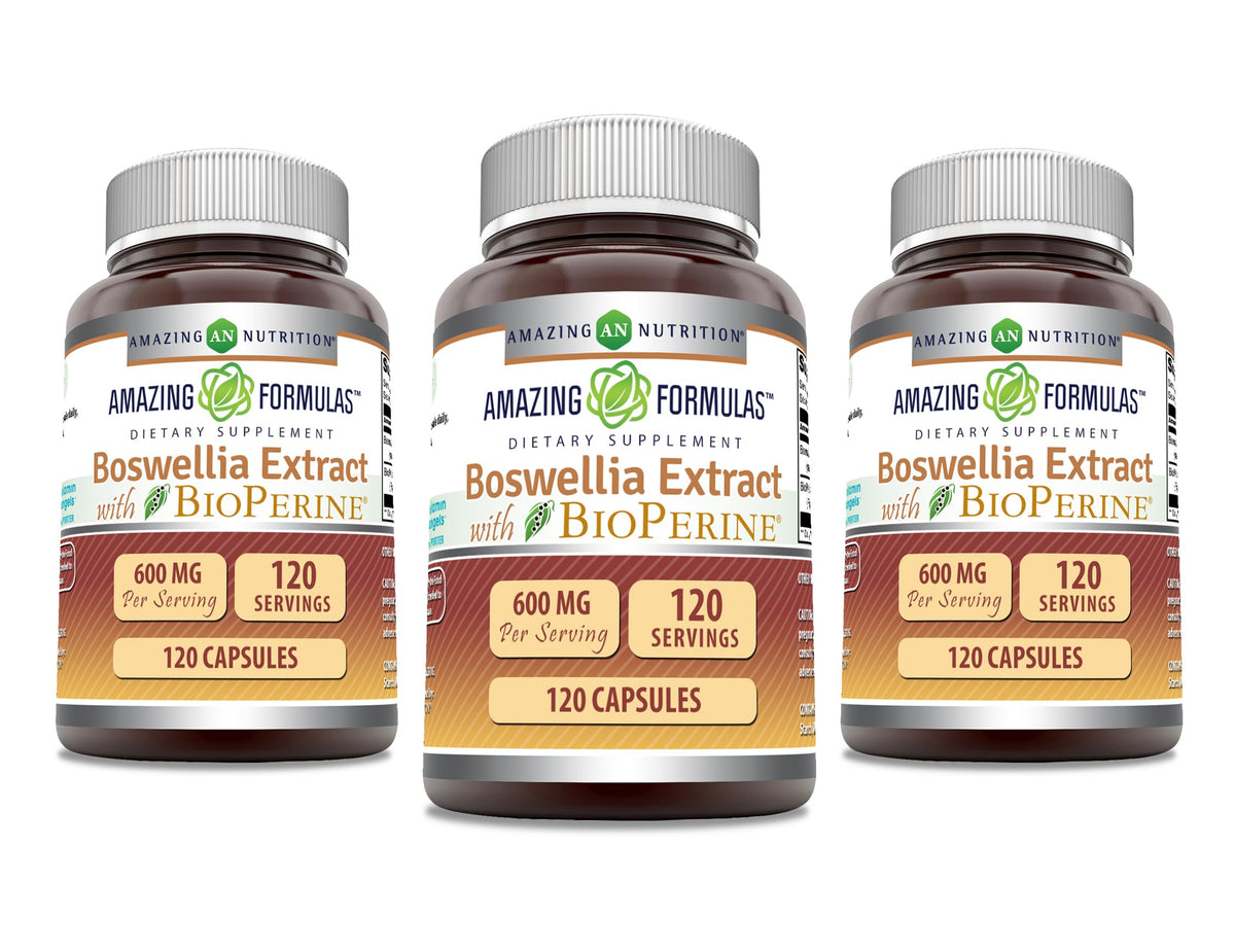 Amazing Nutrition Boswellia extract bottle with Bioperine, 600 mg per capsule for daily wellness routine.