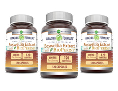 Amazing Nutrition Boswellia extract bottle with Bioperine, 600 mg per capsule for daily wellness routine.