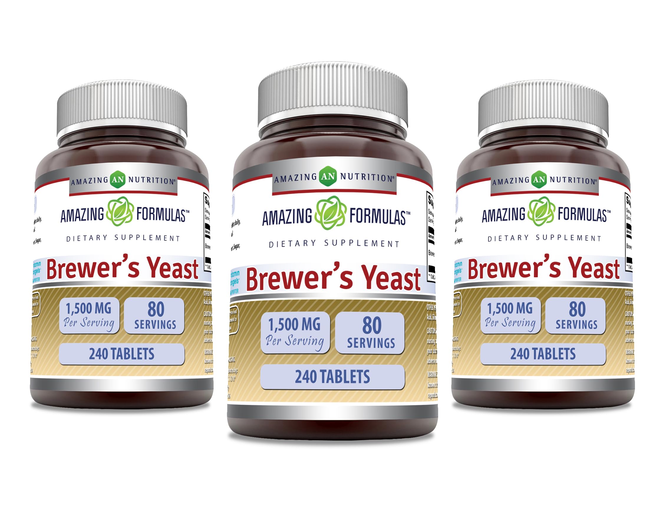 Amazing Nutrition Brewers Yeast 1500mg tablets front view highlights per serving potency for daily use.