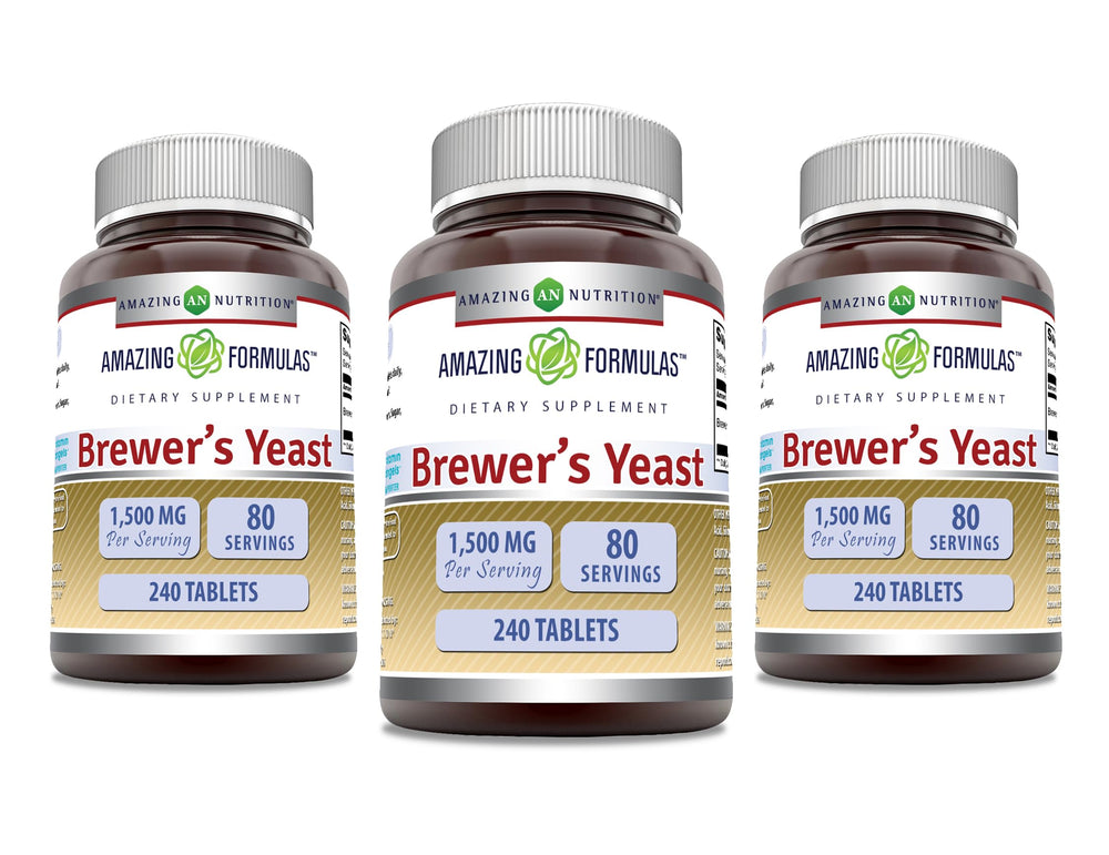 Amazing Nutrition Brewers Yeast 1500mg tablets front view highlights per serving potency for daily use.