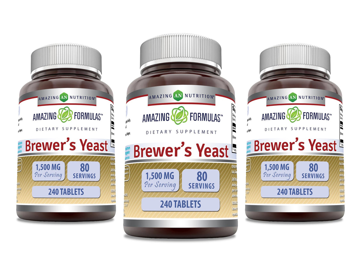 Amazing Nutrition Brewers Yeast 1500mg tablets front view highlights per serving potency for daily use.