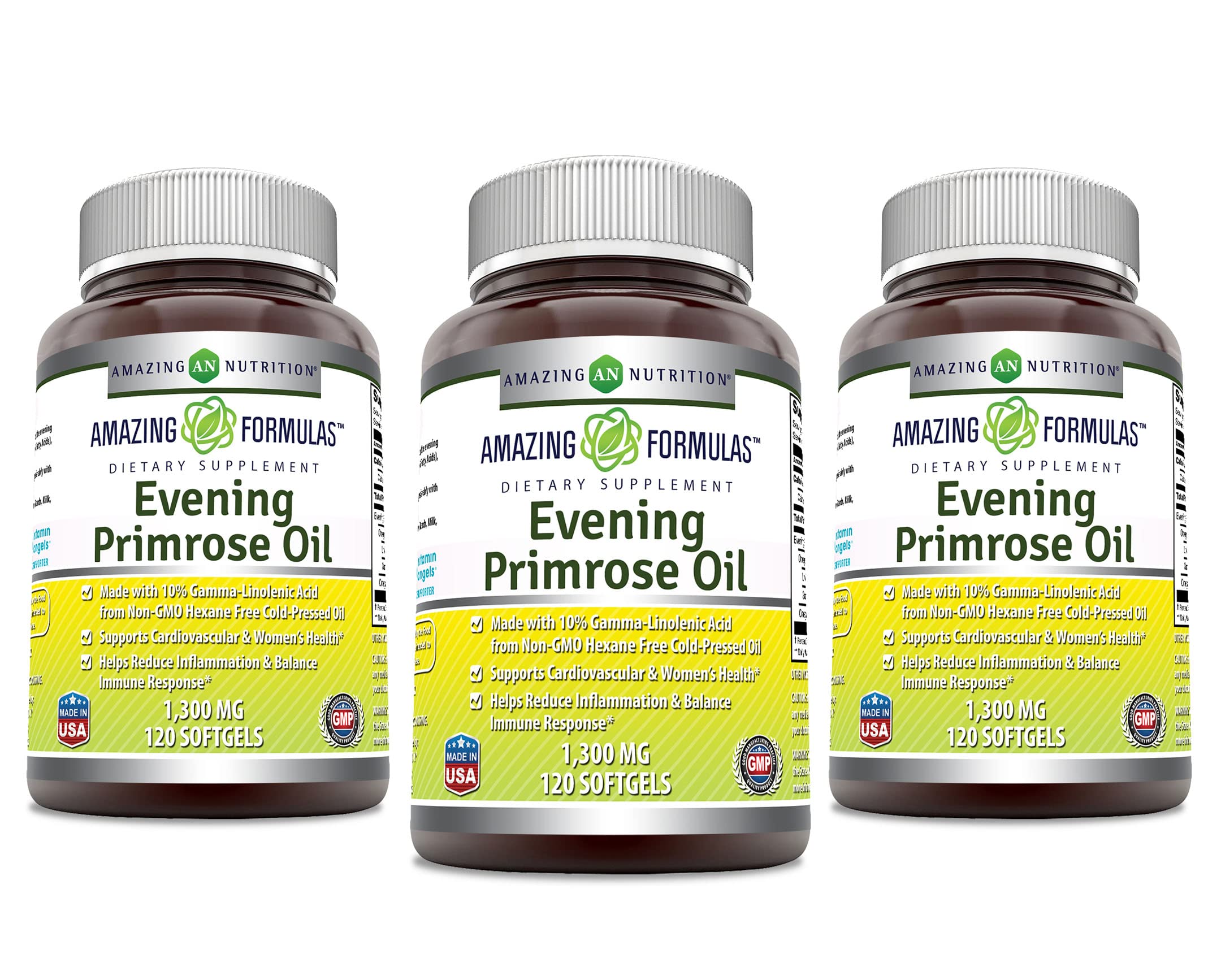 Amazing Nutrition Evening Primrose Oil 1300mg softgels bottle; hexane-free, cold-pressed purity for daily use.