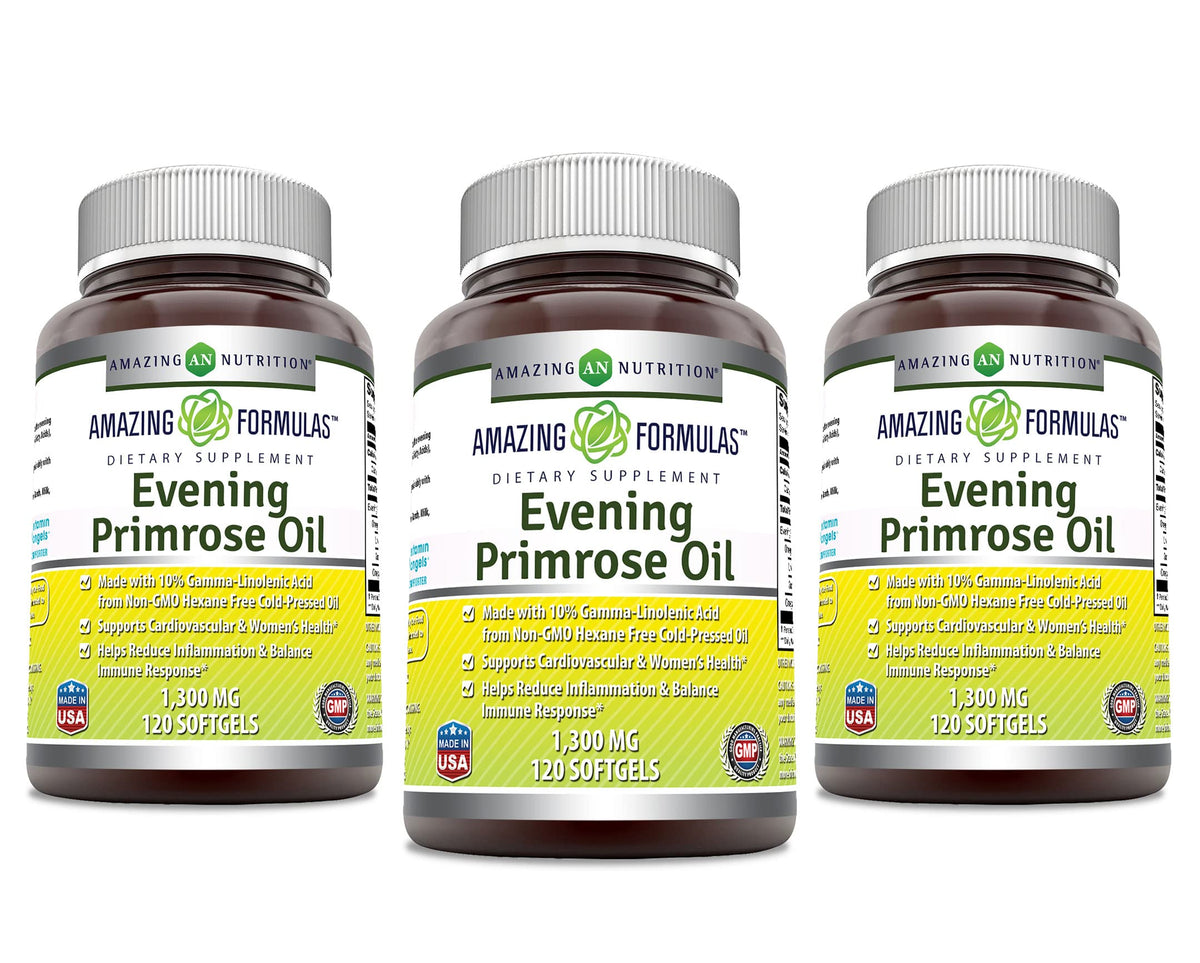 Amazing Nutrition Evening Primrose Oil 1300mg softgels bottle; hexane-free, cold-pressed purity for daily use.