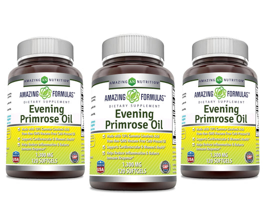Amazing Nutrition Evening Primrose Oil 1300mg softgels bottle; hexane-free, cold-pressed purity for daily use.