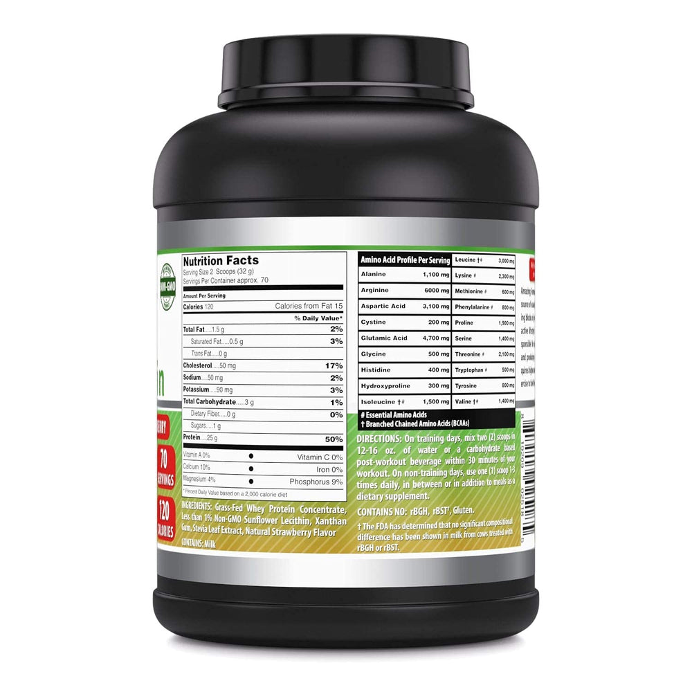 Amazing Nutrition Grass Fed Whey Protein Strawberry made-in-USA label signals GMP quality.