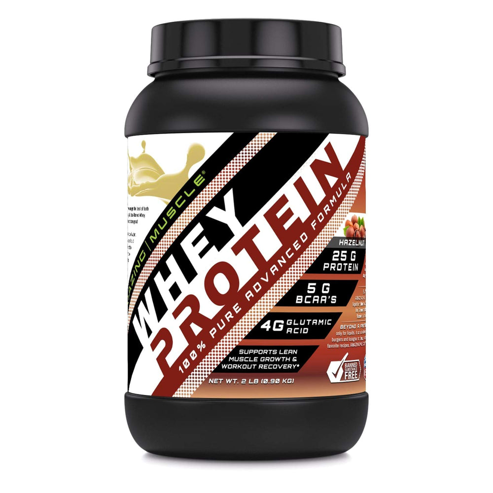 Amazing Nutrition hazelnut whey protein front view, highlighting protein per serving.