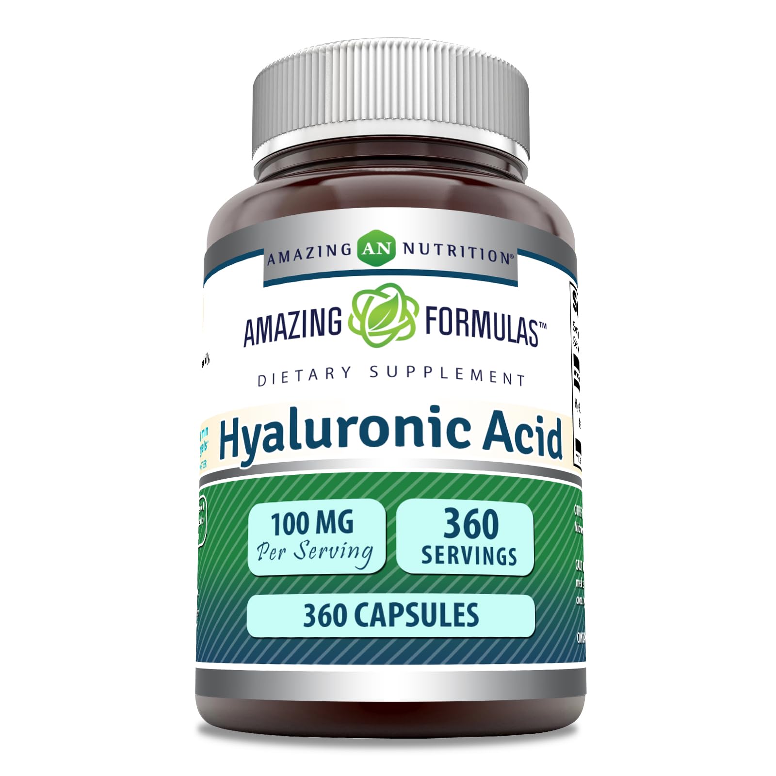 Amazing Nutrition hyaluronic acid bottle for daily wellness, 100 mg per serving.
