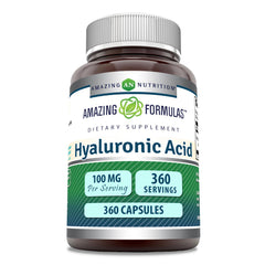 Amazing Nutrition hyaluronic acid bottle for daily wellness, 100 mg per serving.