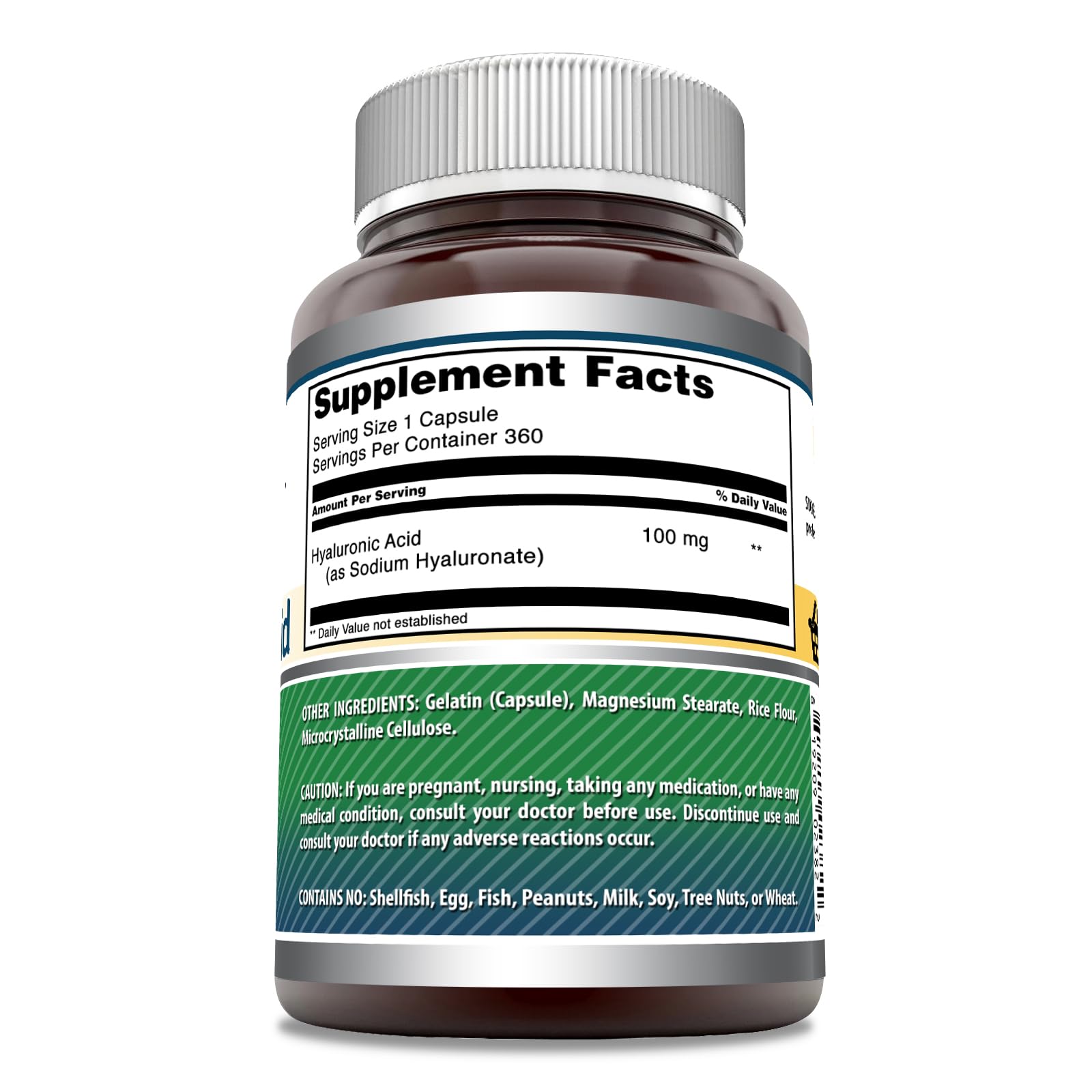 Amazing Nutrition hyaluronic acid capsules close-up, easy-to-swallow one-capsule serving.
