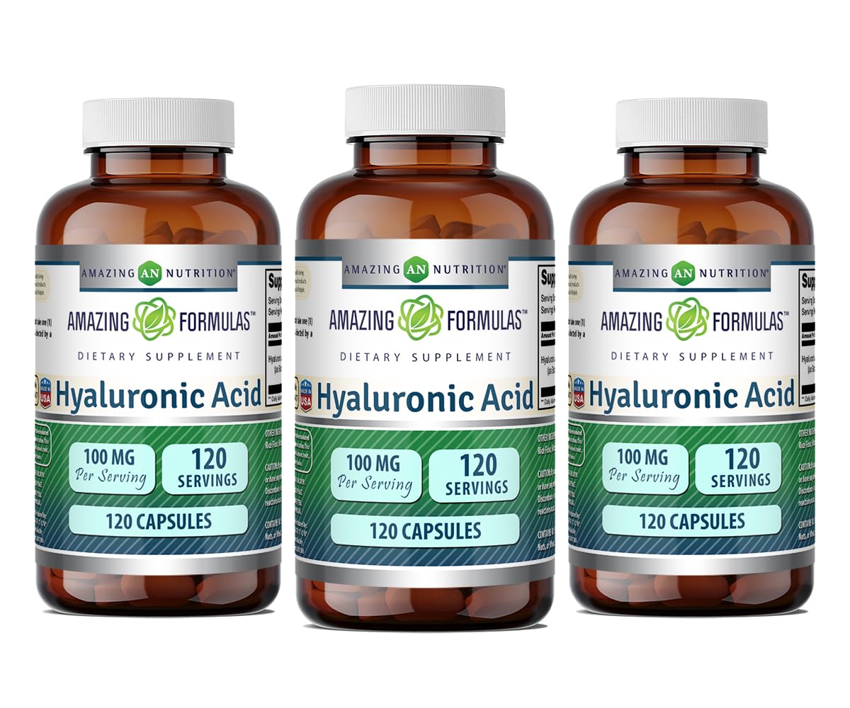 Amazing Nutrition Hyaluronic Acid 100 mg capsules for daily hydration support.