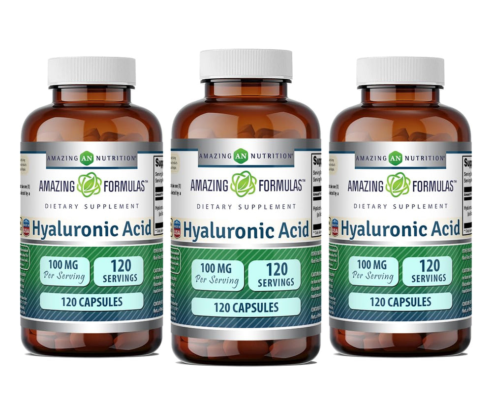 Amazing Nutrition Hyaluronic Acid 100 mg capsules for daily hydration support.