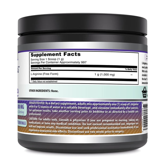 Amazing Nutrition L-Arginine powder bottle with scoop emphasizes USA-made potency and easy mixing