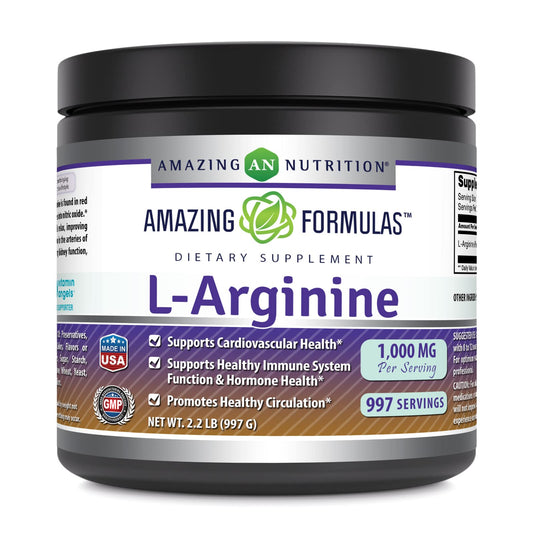 Amazing Nutrition L-Arginine powder packaging highlights non-GMO gluten-free formula for support