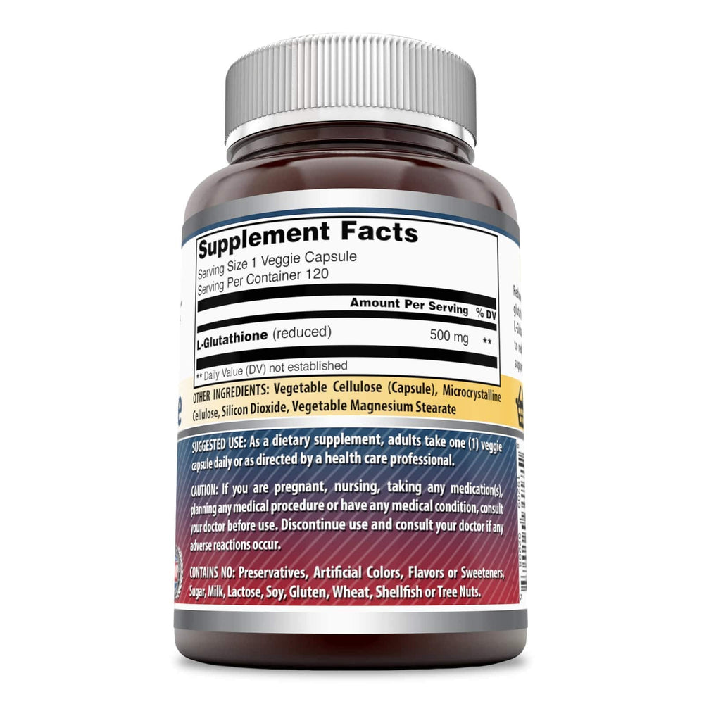 Amazing Nutrition L-Glutathione 500 mg packaging close-up shows non-GMO and gluten-free labels