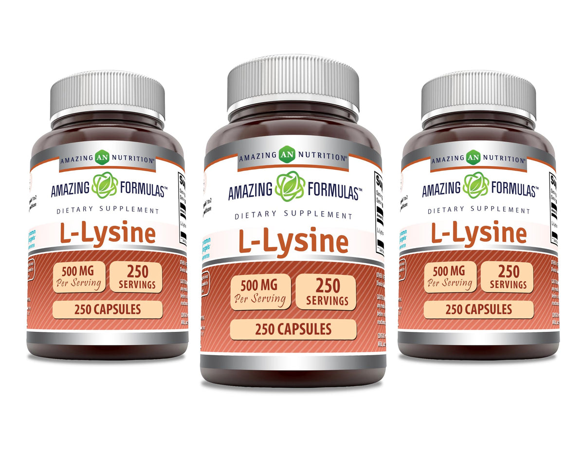 Amazing Nutrition L-Lysine 500 mg bottle front shows non-GMO and gluten-free labels.
