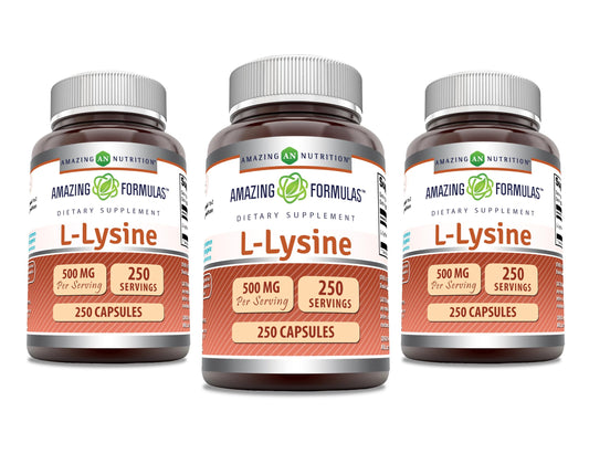 Amazing Nutrition L-Lysine 500 mg bottle front shows non-GMO and gluten-free labels.
