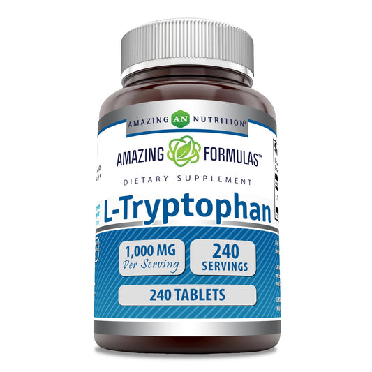 Amazing Nutrition L-Tryptophan tablet bottle, daily supplement option for routine balance