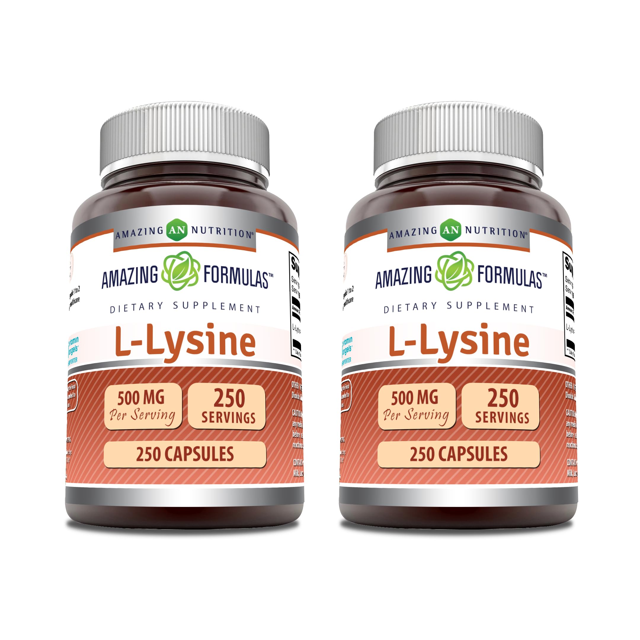 Amazing Nutrition L-Lysine 500 mg capsules in bottle for daily use.