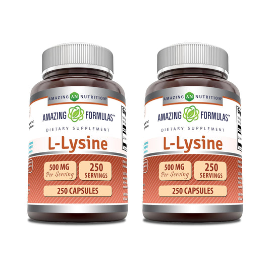 Amazing Nutrition L-Lysine 500 mg capsules in bottle for daily use.