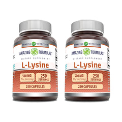 Amazing Nutrition L-Lysine 500 mg capsules in bottle for daily use.
