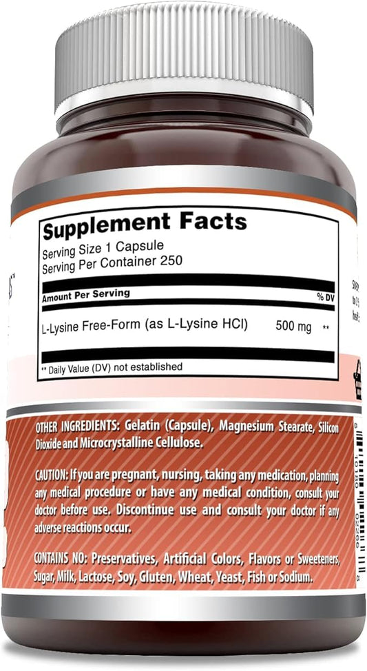 L-Lysine capsules with Non-GMO label on bottle for purity.