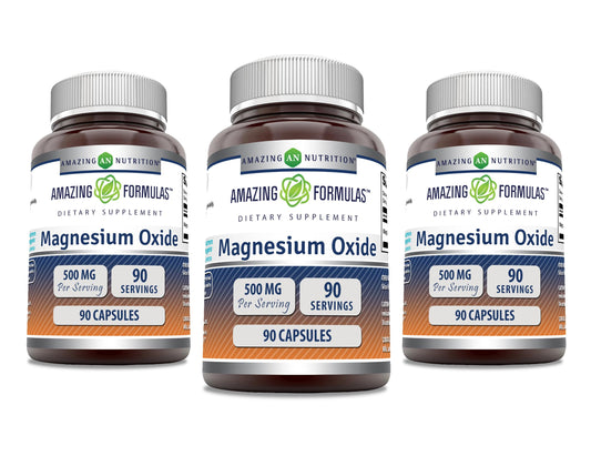 Amazing Nutrition magnesium oxide 500mg bottle, easy-to-take capsules for daily wellness.