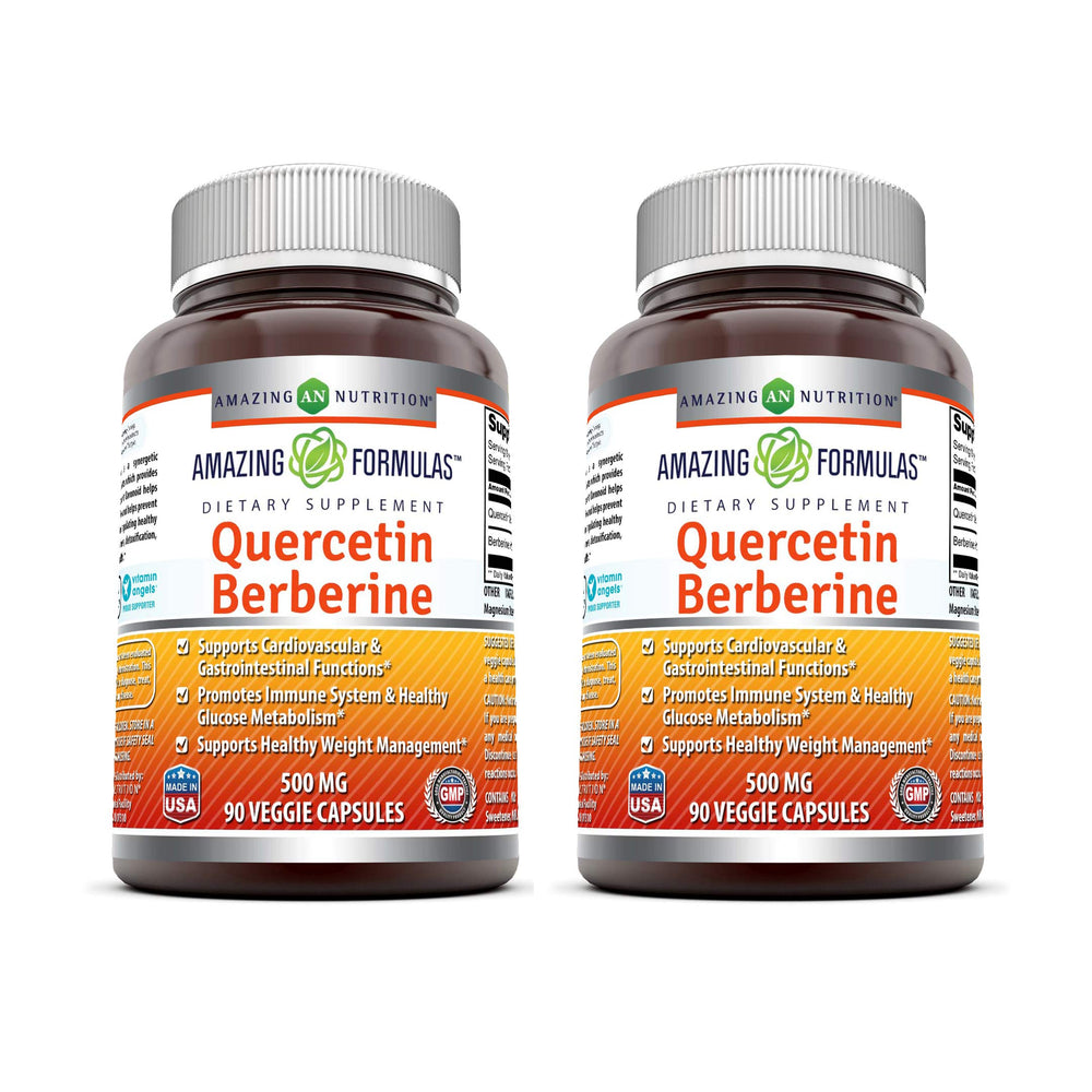 Amazing Formulas Quercetin Berberine bottle close-up highlights purity and potency.