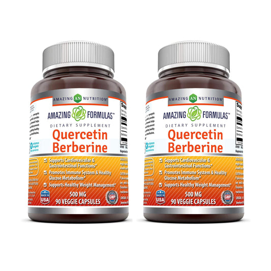 Amazing Formulas Quercetin Berberine bottle close-up highlights purity and potency.