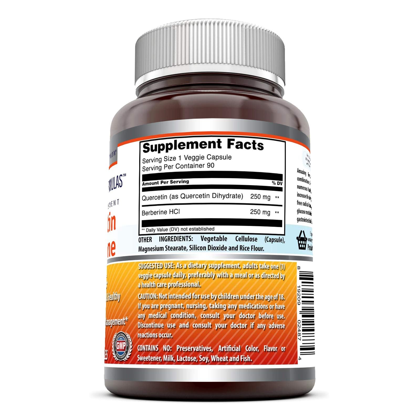 Amazing Formulas Quercetin Berberine label close-up with GMP and third-party testing.