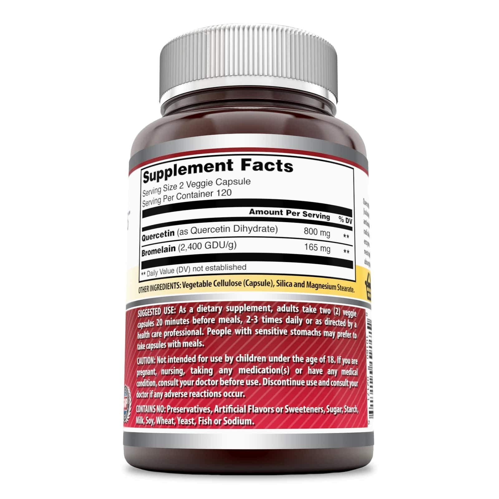 Close-up of Amazing Nutrition quercetin capsules highlighting bromelain for enhanced absorption