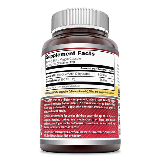 Close-up of Amazing Nutrition quercetin capsules highlighting bromelain for enhanced absorption