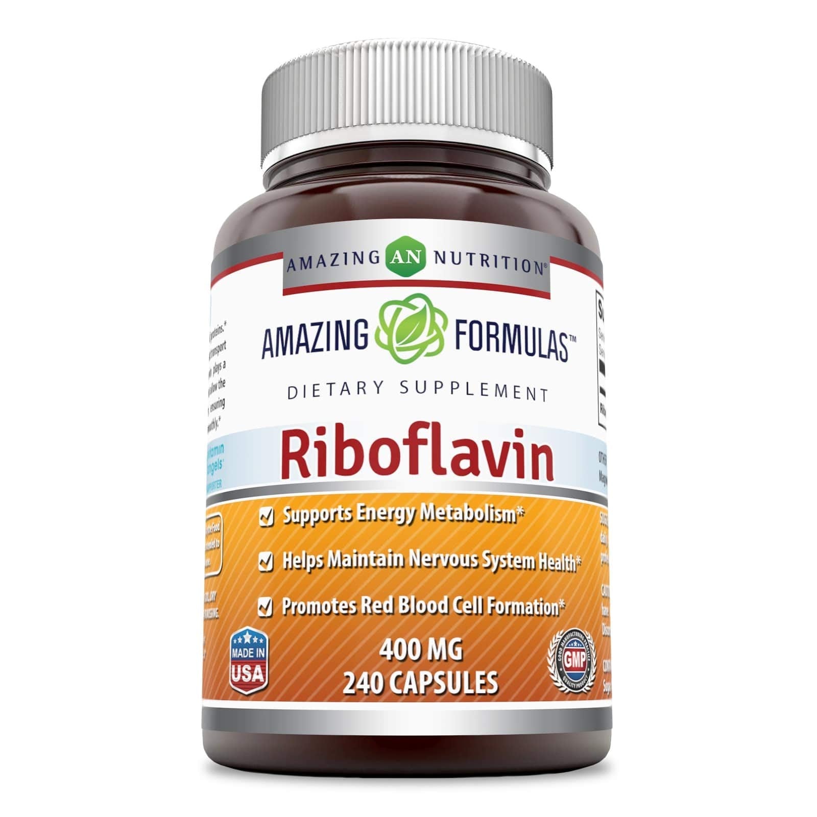 Amazing Nutrition riboflavin bottle showing 400 mg per capsule for daily wellness