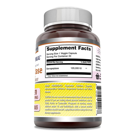 Amazing Nutrition Serrapeptase veggie capsules highlight non-GMO gluten-free formula.