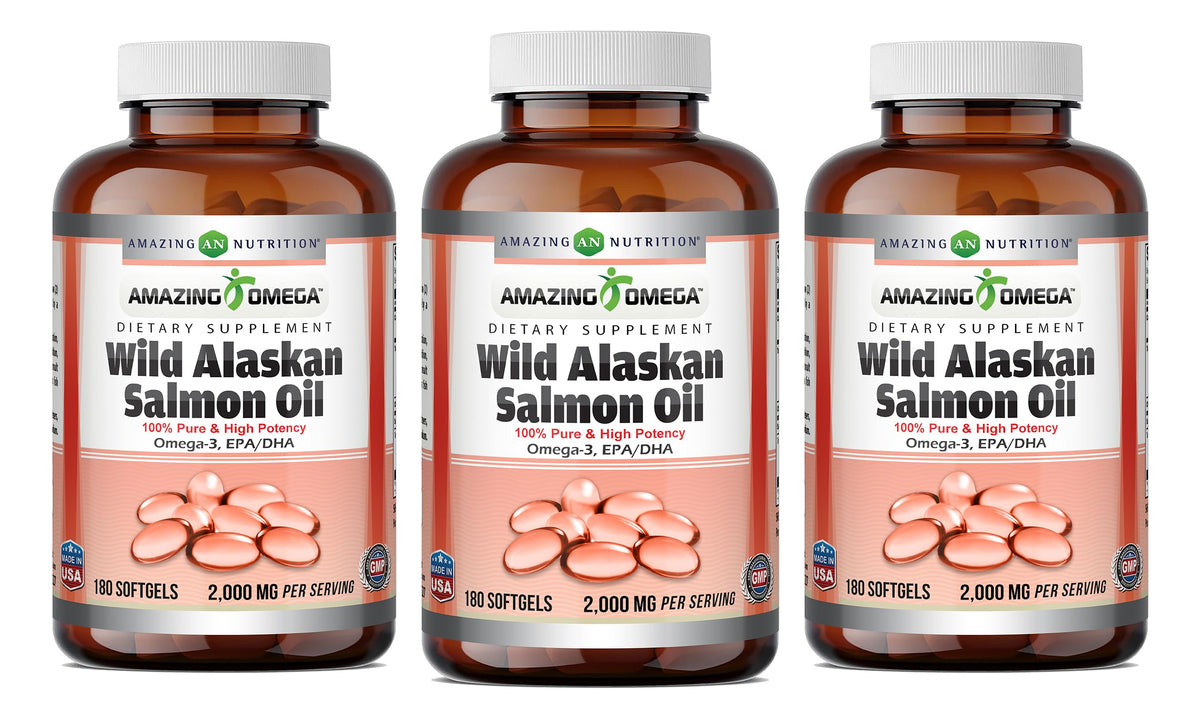 Amazing Nutrition Omega bottle featuring wild Alaskan salmon oil for daily omega support.