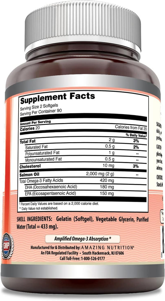 Amazing Nutrition salmon oil softgels close-up showing glossy capsules.