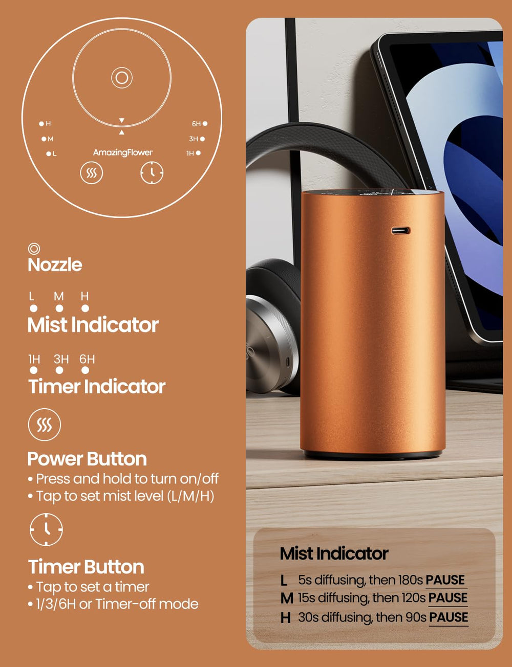 Amazing Flower diffuser showing 3 mist levels for customizable scent intensity