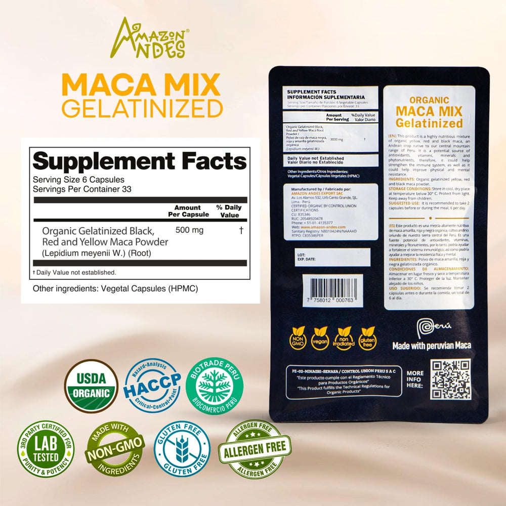 Amazon Andes maca capsules 3000mg for daily stamina support.