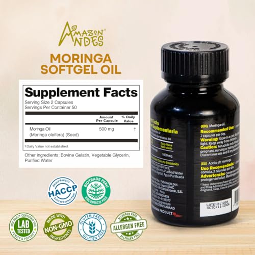 Amazon Andes Moringa softgels packaging showcases sustainable sourcing.