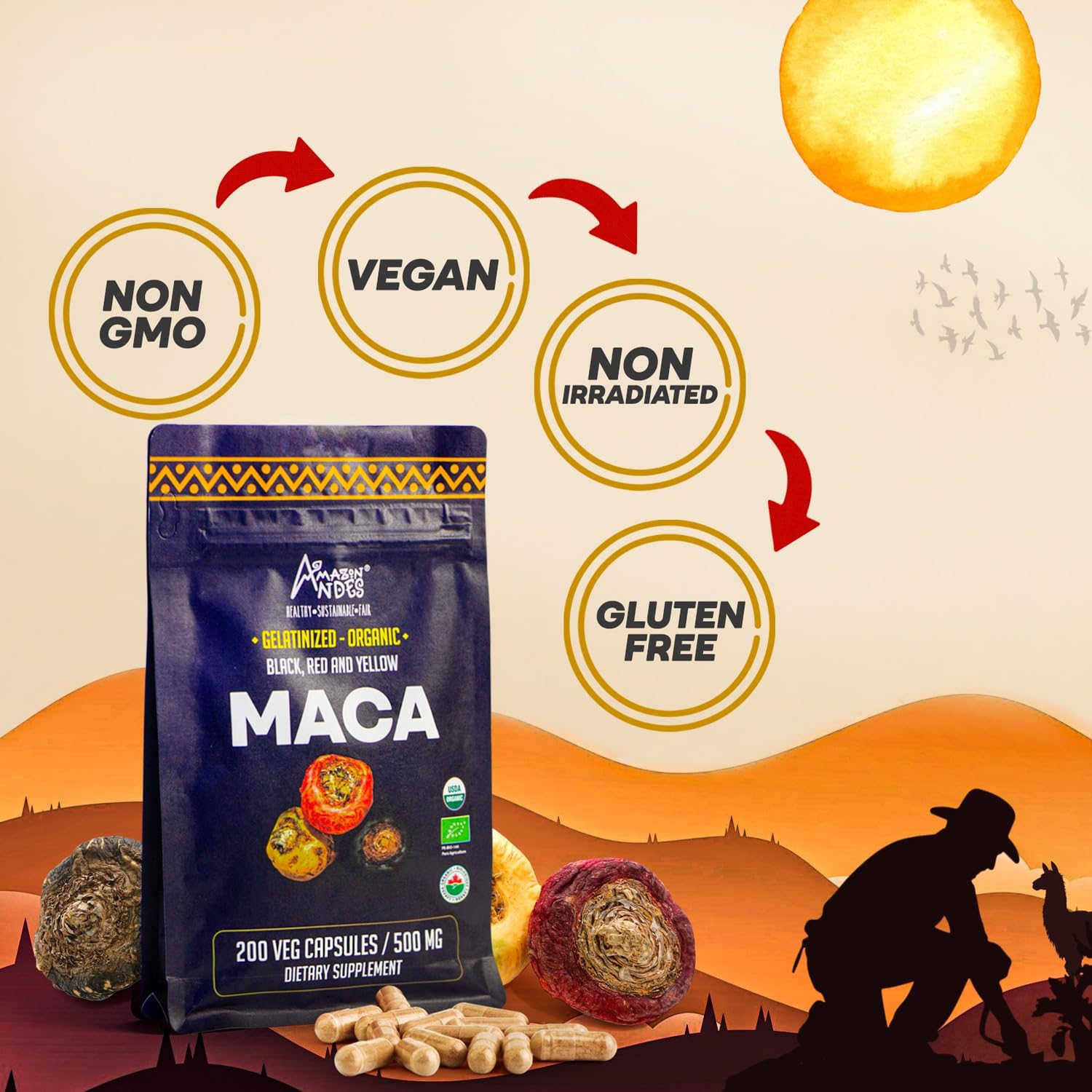 Amazon Andes triple-maca blend label highlighting antioxidant benefits.