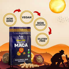Amazon Andes triple-maca blend label highlighting antioxidant benefits.