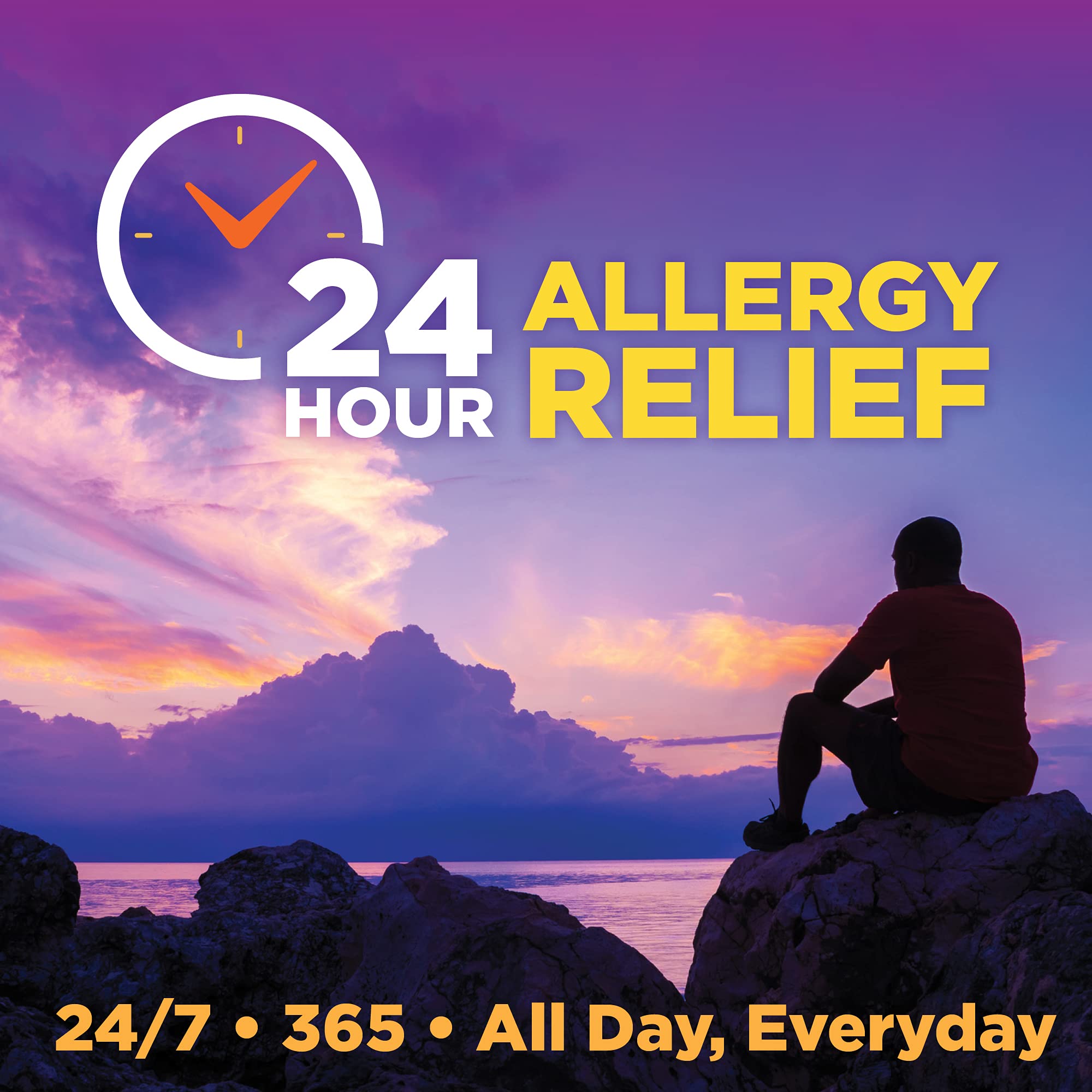 Amazon Basic Care All Day Relief bottle label emphasizing gluten free formulation