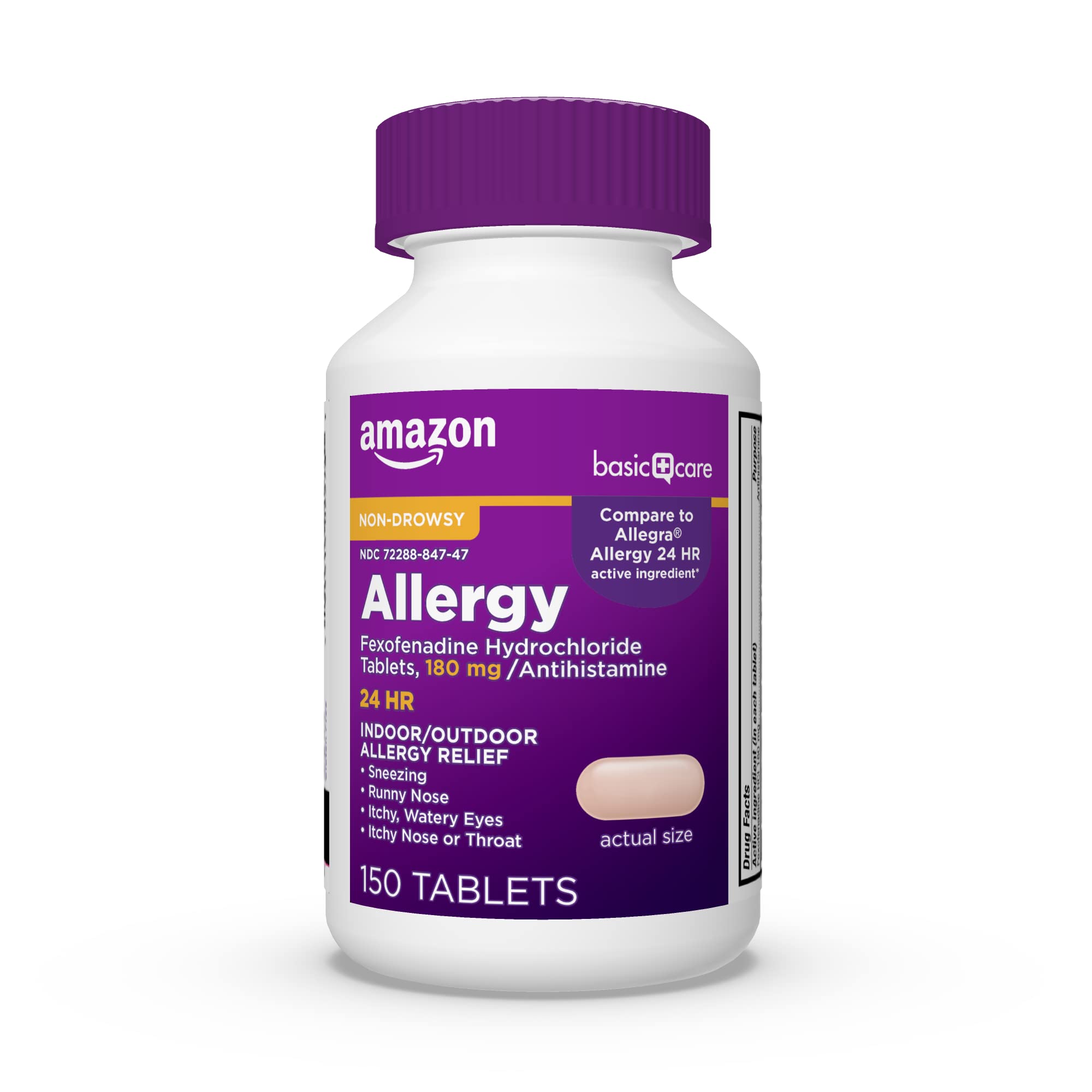 Amazon Basic Care All Day Relief bottle front view showing 180 mg tablets for all day comfort