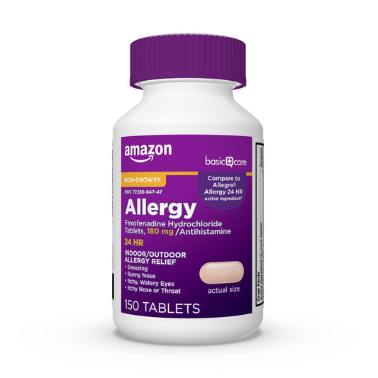 Amazon Basic Care All Day Relief bottle front view showing 180 mg tablets for all day comfort