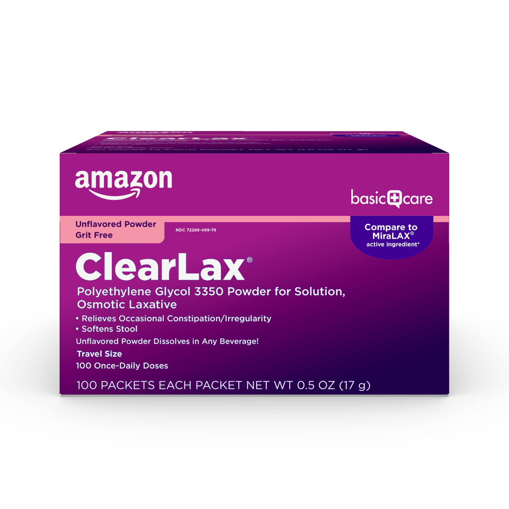 Amazon Basic Care ClearLax packaging shown for easy constipation relief.