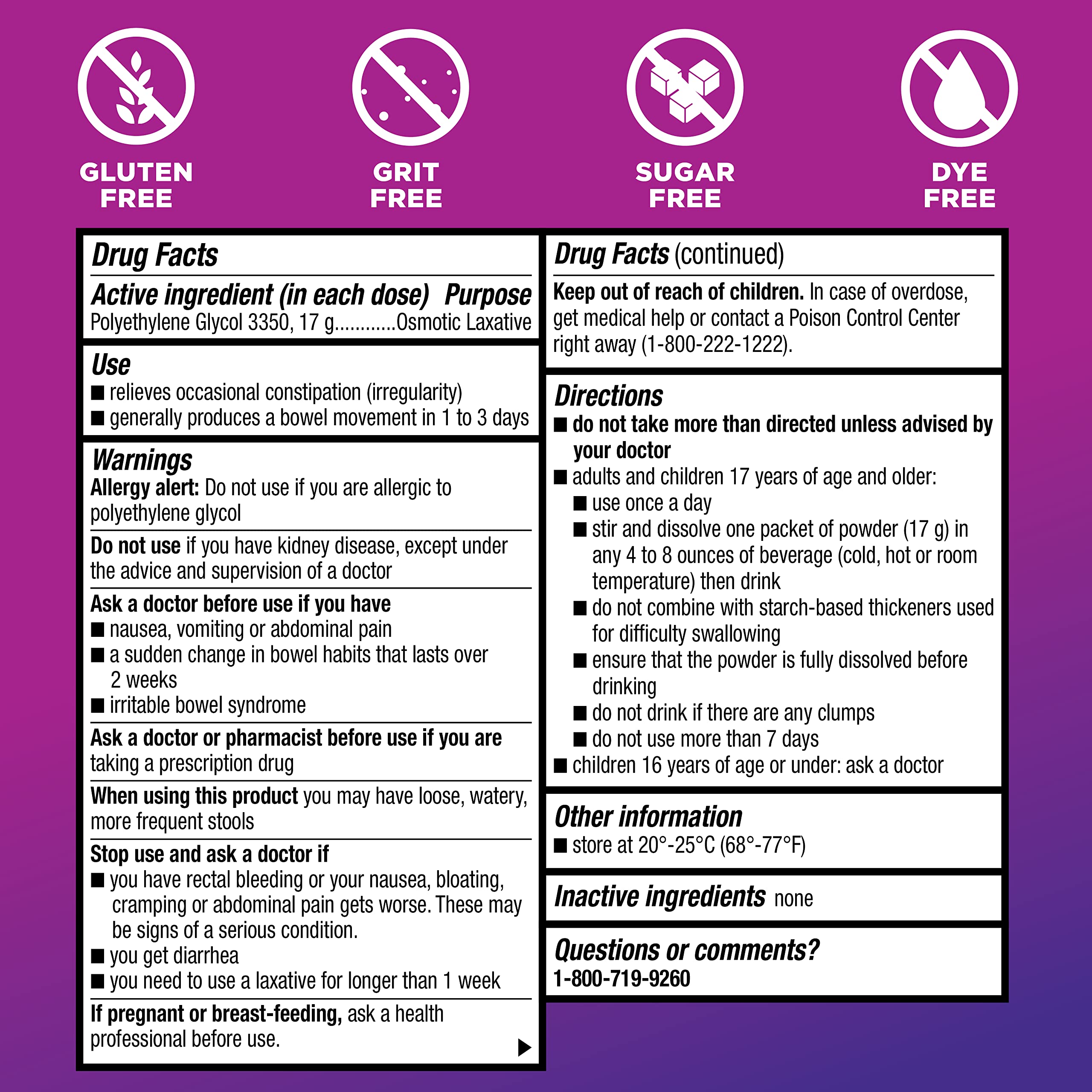 Sugar-free ClearLax label highlighting dietary compatibility.