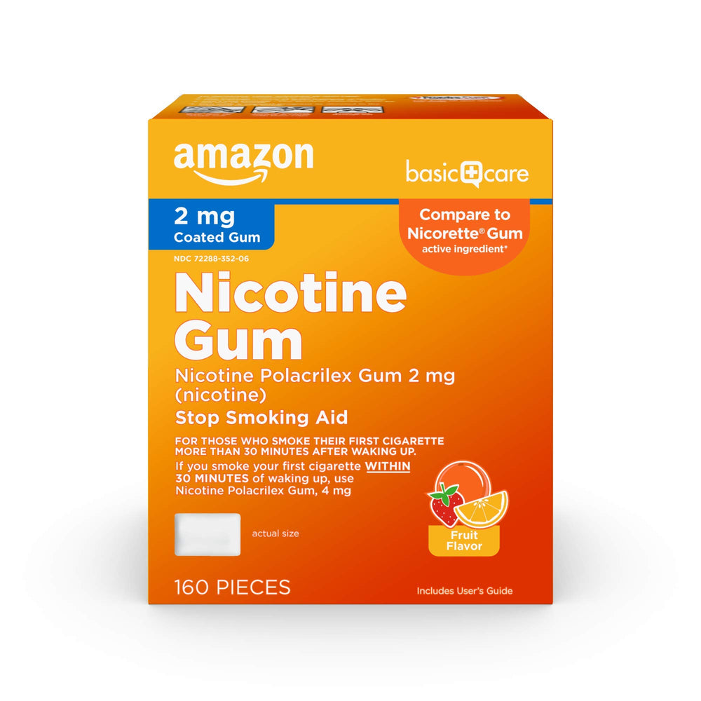 Amazon Basic Care coated nicotine gum 2 mg fruit flavor box shown for daily quit support.