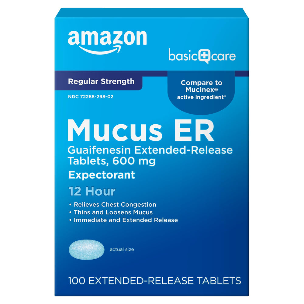 Amazon Basic Care guaifenesin 600 mg bottle promotes 12-hour chest congestion relief.