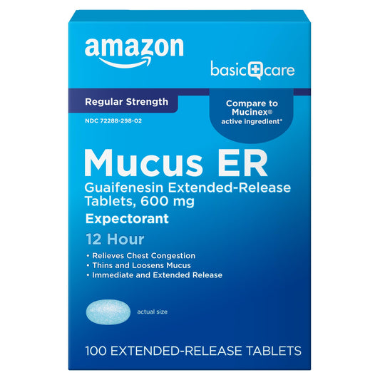 Amazon Basic Care guaifenesin 600 mg bottle promotes 12-hour chest congestion relief.