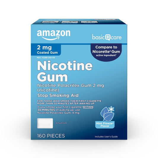 Amazon Basic Care ice mint coated nicotine gum 2 mg image showing cravings management